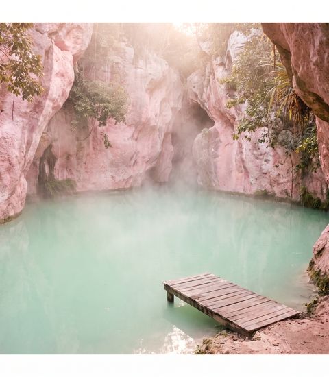 Lagună verde-mentă ascunsă între stânci roz